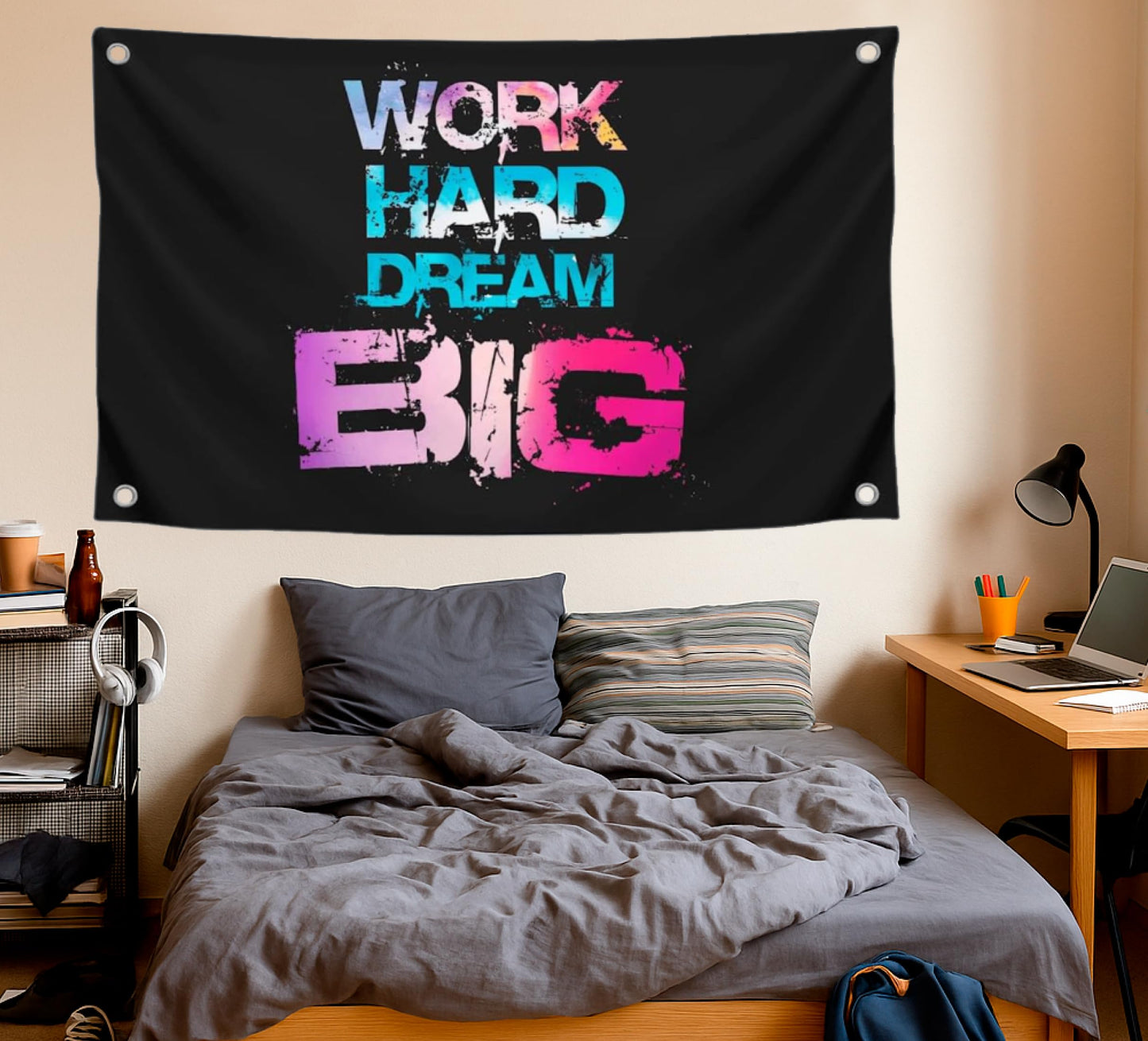 3x5 Feet Black Motivation Quoted Polyester Flag "Work Hard Dream Big" with Four Brass Grommets - Large Motivational Quote Wall Flag for Home Gym Decor