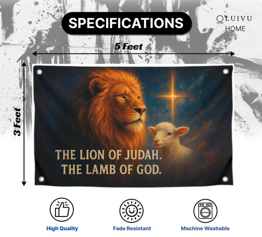 3x5 Feet Flag with Animals and Bible Quote "The Lion. The Lamb Of God" with Four Brass Grommets - Polyester Durable Banners for Wall Decoration