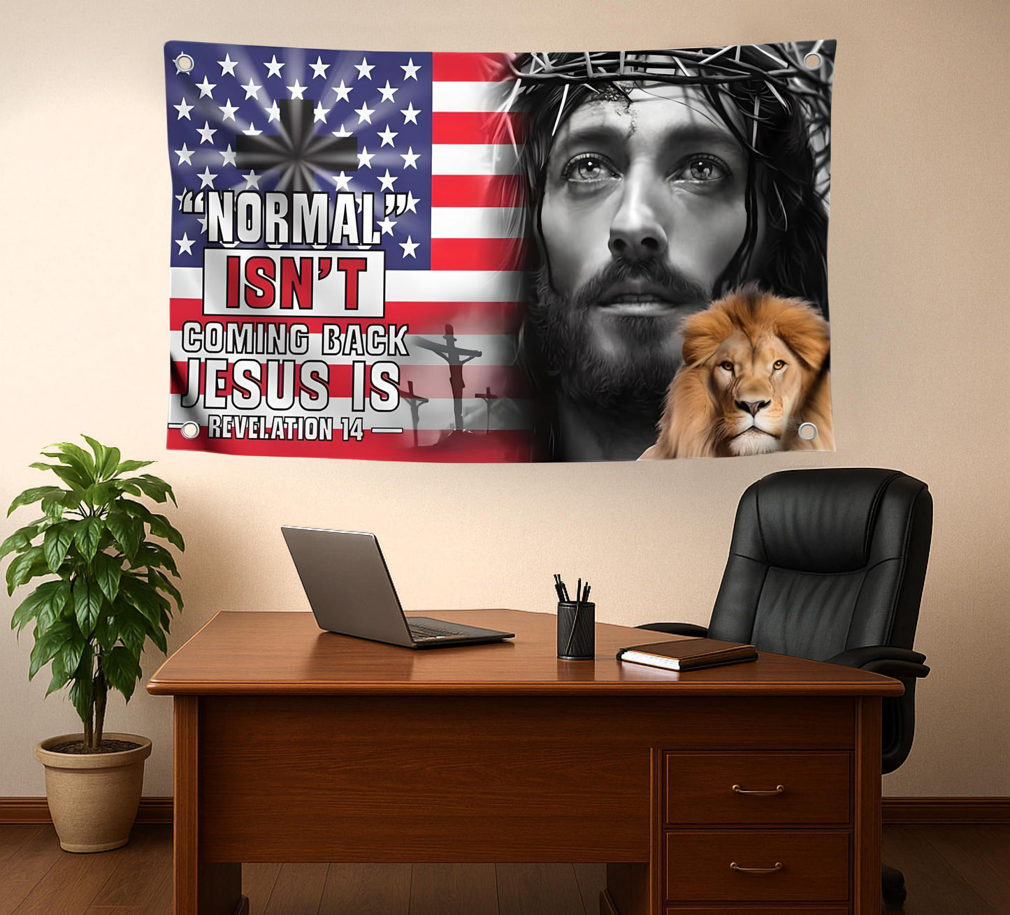 Set of 3 Christian Polyester Flags 3x5 Feet with 4 Brass Grommets - Christian Jesus American Flags for Outside or Inside. Americane Flag Lion of Judah