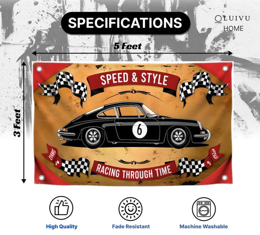 3x5 Feet Black Racing Car Polyester Flag with Four Brass Grommets - Speed and Style Racing Through Time Banner. Black Auto Number 6 Wall Flag for Home