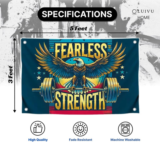 3x5 Ft Motivation Gym Single Sided Flag with Quote Fearless Strength with 4 Brass Grommets - Eagle Inspirational Polyester Banner for Wall Decoration