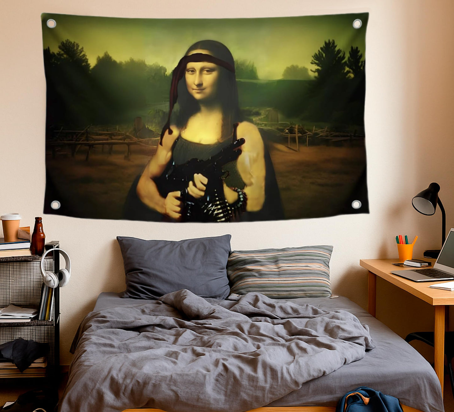 3x5 Feet Tapestry Flag Mona Lisa with a Machine Gun with Four Brass Grommets - Cool Flags for Decor Boys Room