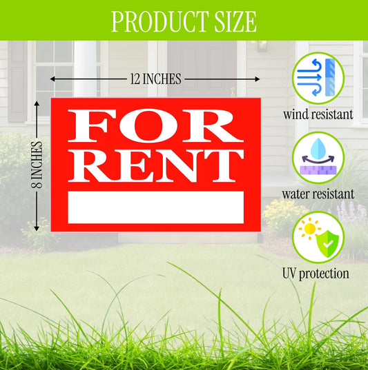 3X 12x8 inch For Rent Sign With H-Stakes Single Sided - Home for Rent Lawn Sign for Real Estate Agent, Homeowner.For Rent Rental House Shops Business