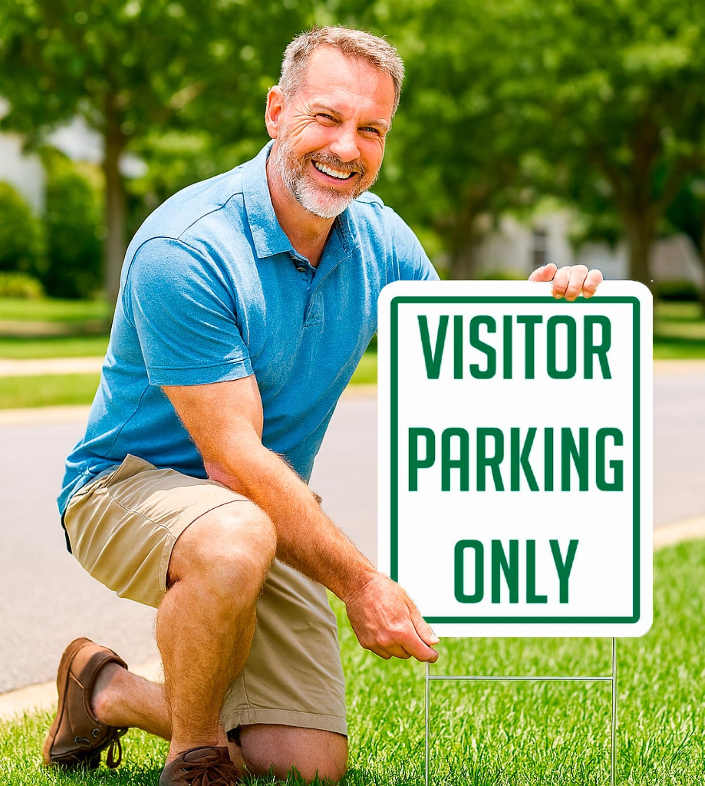 Set of 3 Double Sided 12x16 Inch Plastic Sign "Visitor Parking Only" with Metal H-Stakes - Plastic Parking Signs Green on White