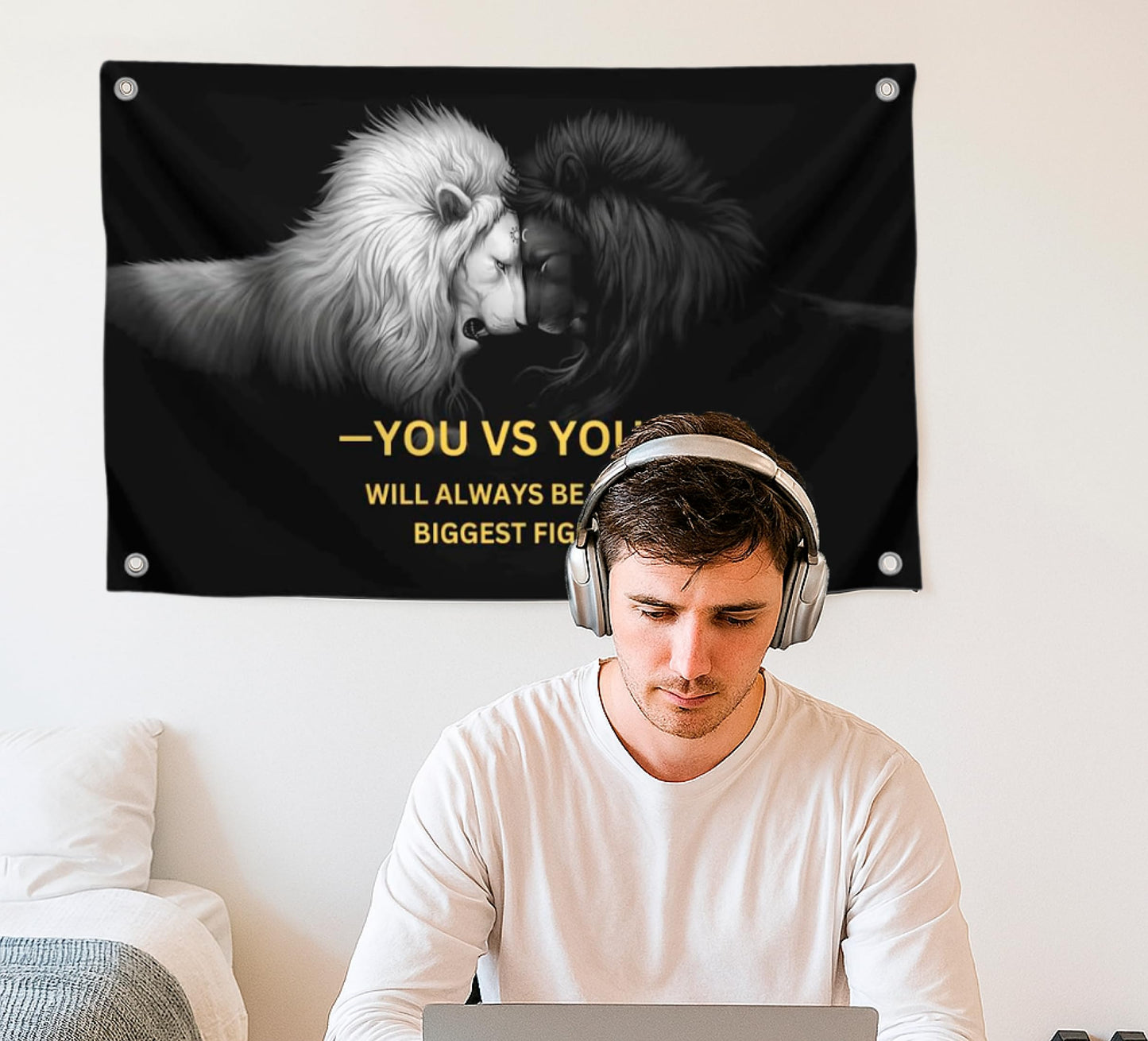 3x5 Feet Lion Motivation Quote Polyester Flag You vs You - Will Always Be Your Biggest Fight with Four Brass Grommets - Grand Battle Is Ending Decor