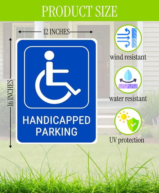 Set of 3 Handicapped Parking Sign with Metal Wire H-Stakes - Double Sided Plastic Reserved Parking Signs.12x16 Inches Yard for Handicapped Only Signs