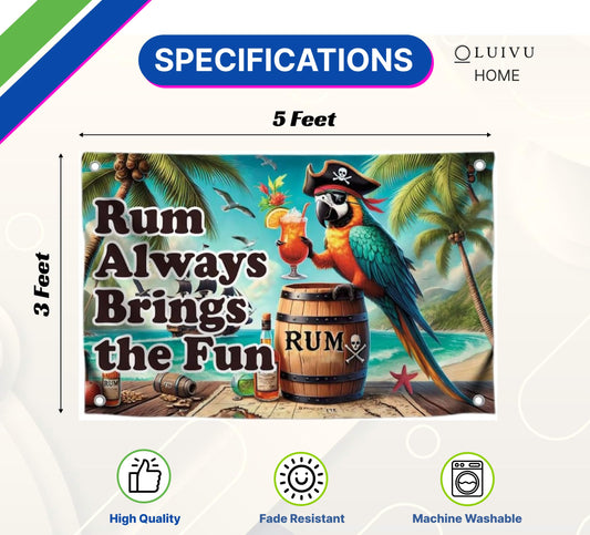 3x5 Feet Flag with 4 Brass Grommets - Tropical Pirate Parrot Flag - "Rum Always Brings Fun" Quote Design - Outdoor Banner for Summer