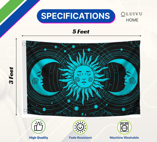 3x5 Feet Feet Sun and Moon Celestial Hippie Black Art Polyester Flags with 2 Grommets - Spring Summer Holiday Garden Decor for Outside or Inside