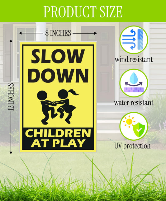 Set of 3 Street Safety Signs with Stakes 12x8 Inch - Attention Kids Playing Road Plastic Sign Double Sided