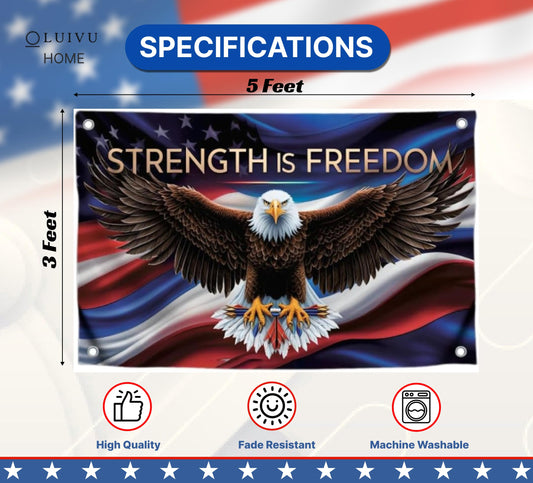 3x5 Ft American Eagle Quoted Single Sided Flag Strength is Freedom with 4 Brass Grommets - Americans Eagle Polyester Flag for 4th of July or Memorial