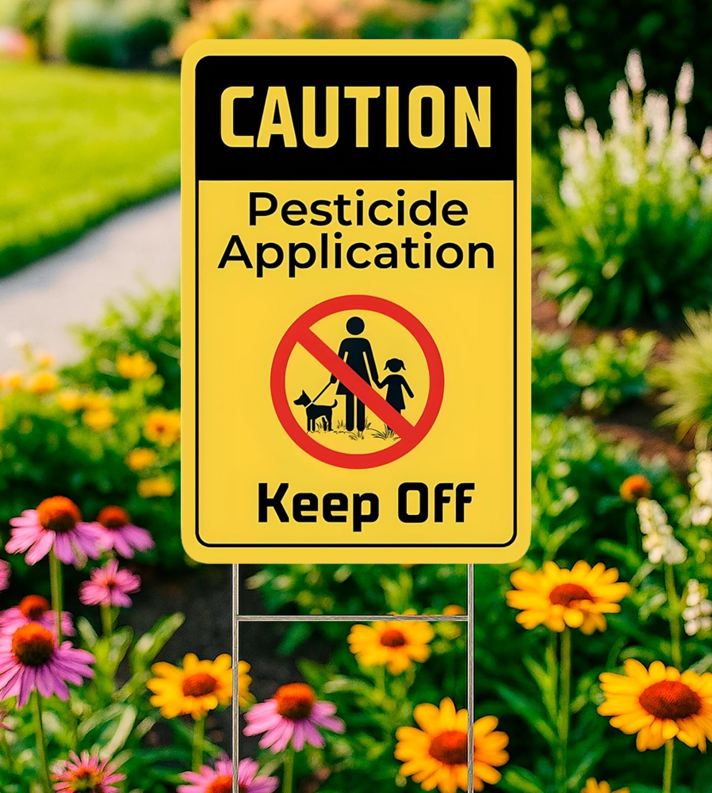 Set of 3 Double Sided 12x8 Inches Caution Application Keep Off Sign with Metal Stakes - Plastic Warning Yard Sign for Lawn Grass.