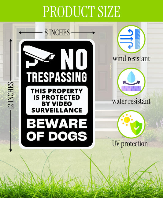 ULVEOL Set of 3 Double Sided 12x8 Inches Beware of Dog Plastic Sign with Metal Stakes. No Trespassing This Property Is Protected By Video Surveillance