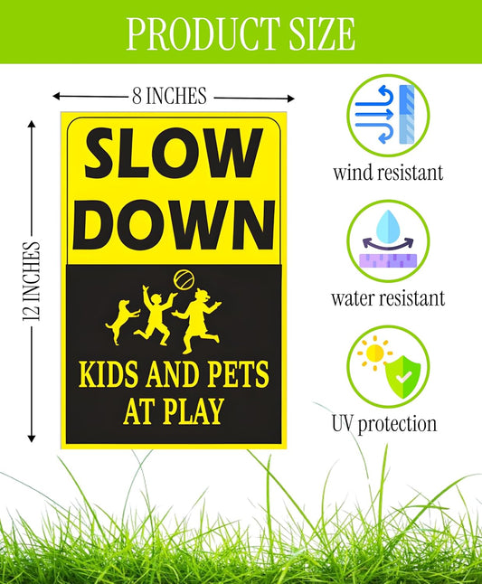 6 Pack 8x12 inch Double Sided Please Slow Down Kids and Pets at Play Yard Plastic Signs with Metal Wire H-Stakes