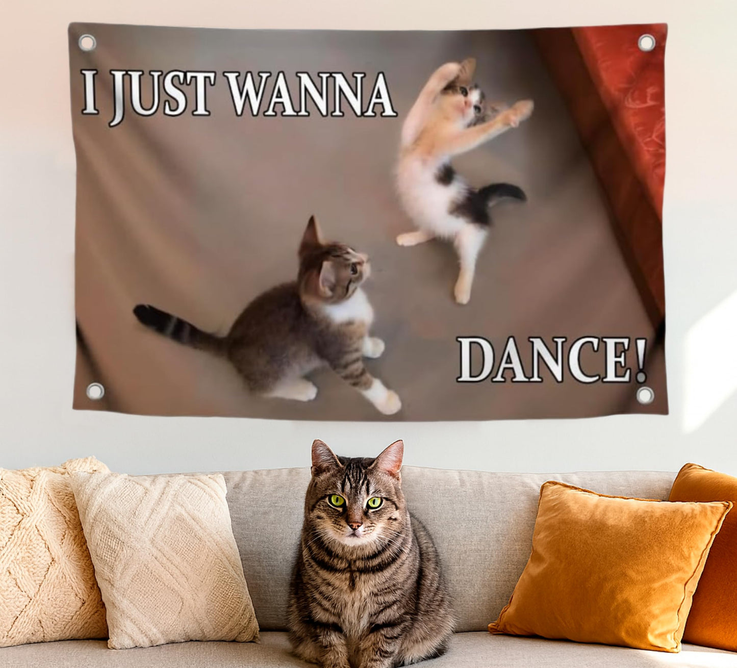 3x5 Feet Cat Meme Single Sided Flag with Quote "I Just Wanna Dance" with 4 Brass Grommets - Flag with Cats for Living Room - Funny Animals Banner