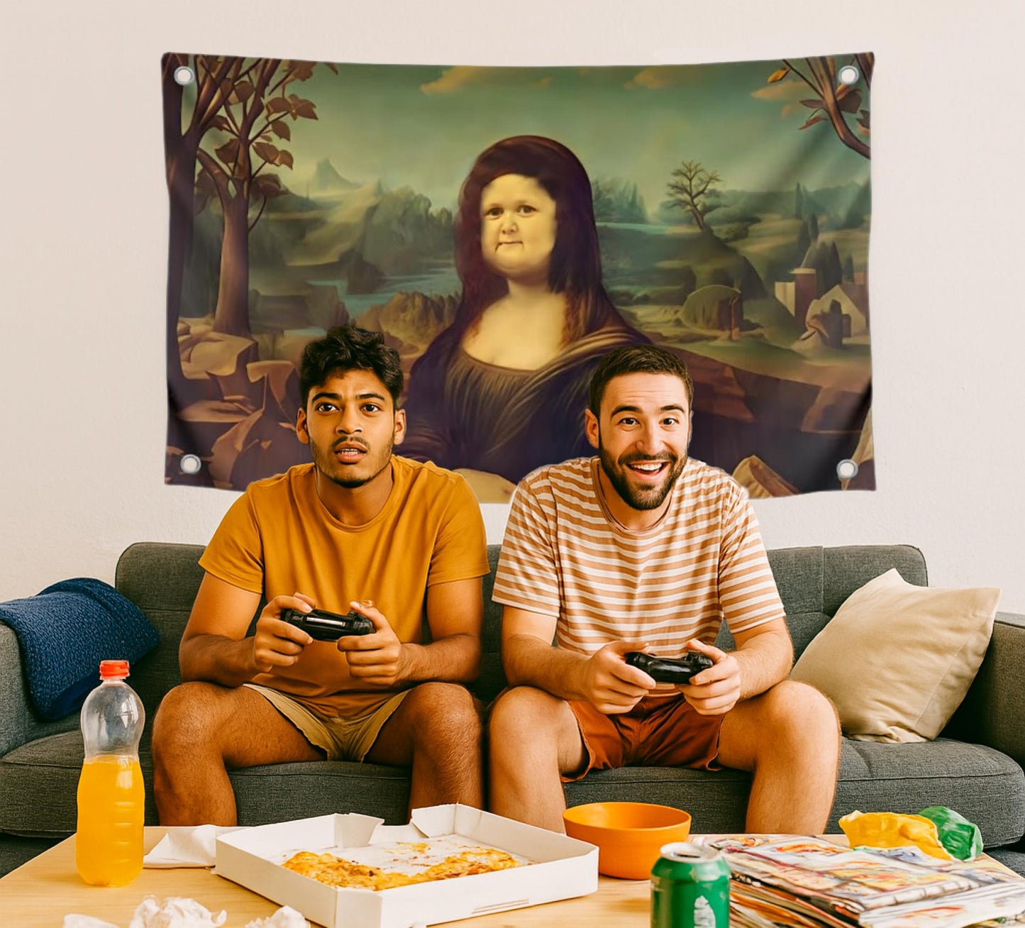 3x5 Ft Polyester Flag with 4 Brass Grommets - Mona Lisa Parody with Round Face - Art Meme Flags - Funny Decoration Poster for Home
