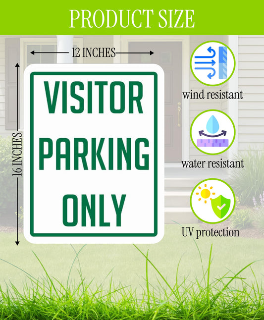Set of 3 Double Sided 12x16 Inch Plastic Sign "Visitor Parking Only" with Metal H-Stakes - Plastic Parking Signs Green on White