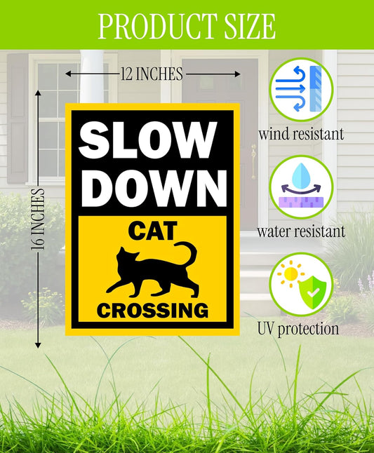 Set of 3 Double Sided 12x16 Inches Slow Down Cat Crossing Sign with Metal Wire H-Stakes