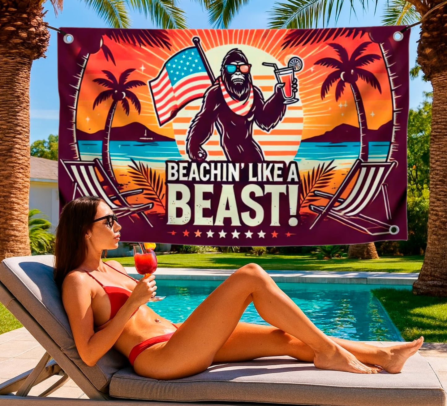 3x5 Feet American Summer Polyester Flag "Beachin Like A Beast!" with 4 Brass Grommets - USA Decoration Holliday Banner for Seasonal Outside or Outdoor