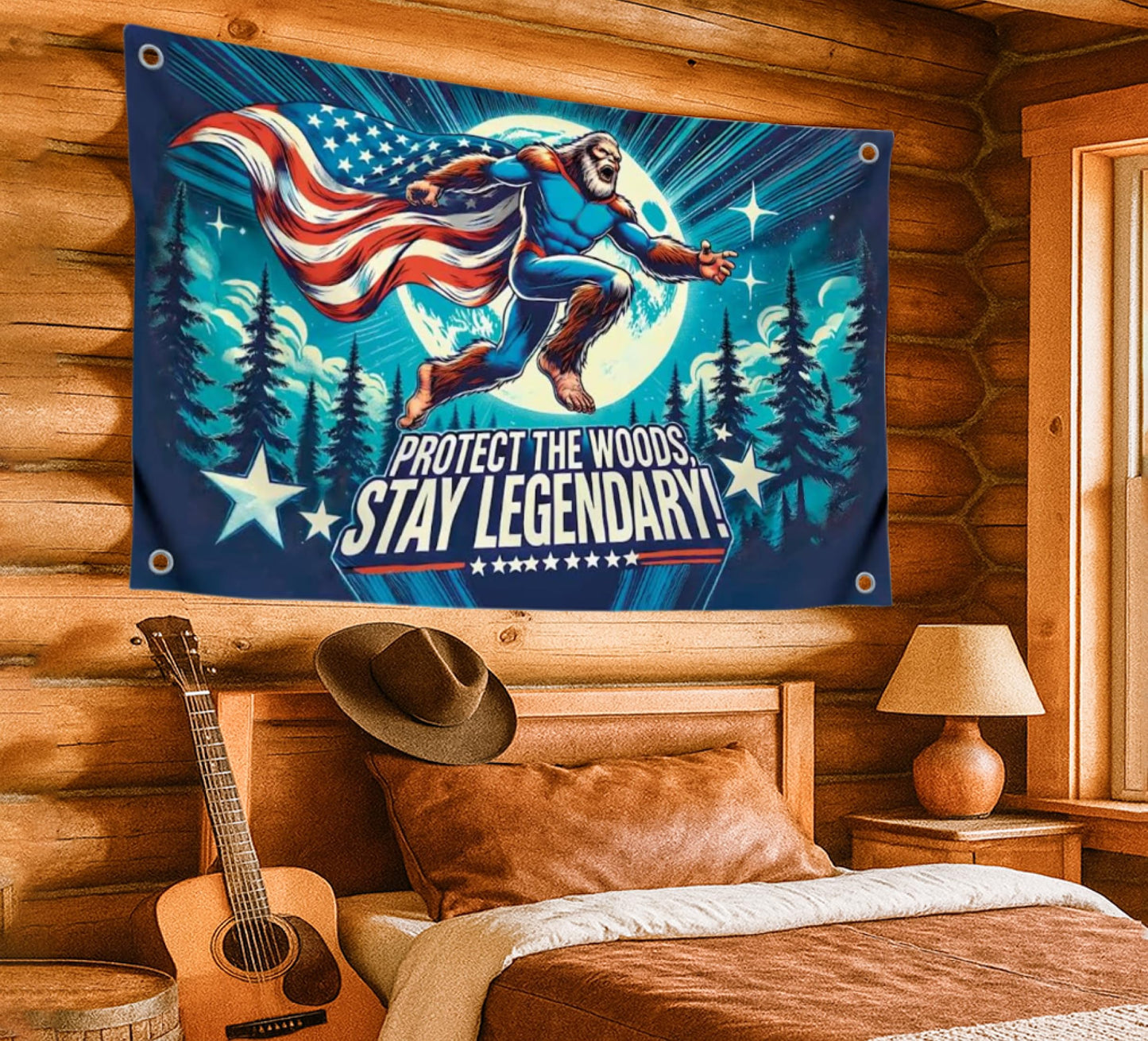3x5 Ft Single Sided Polyester Banner with Quote “Protect the Woods, Stay Legendary” - Cool Tapestry with Four Brass Grommets