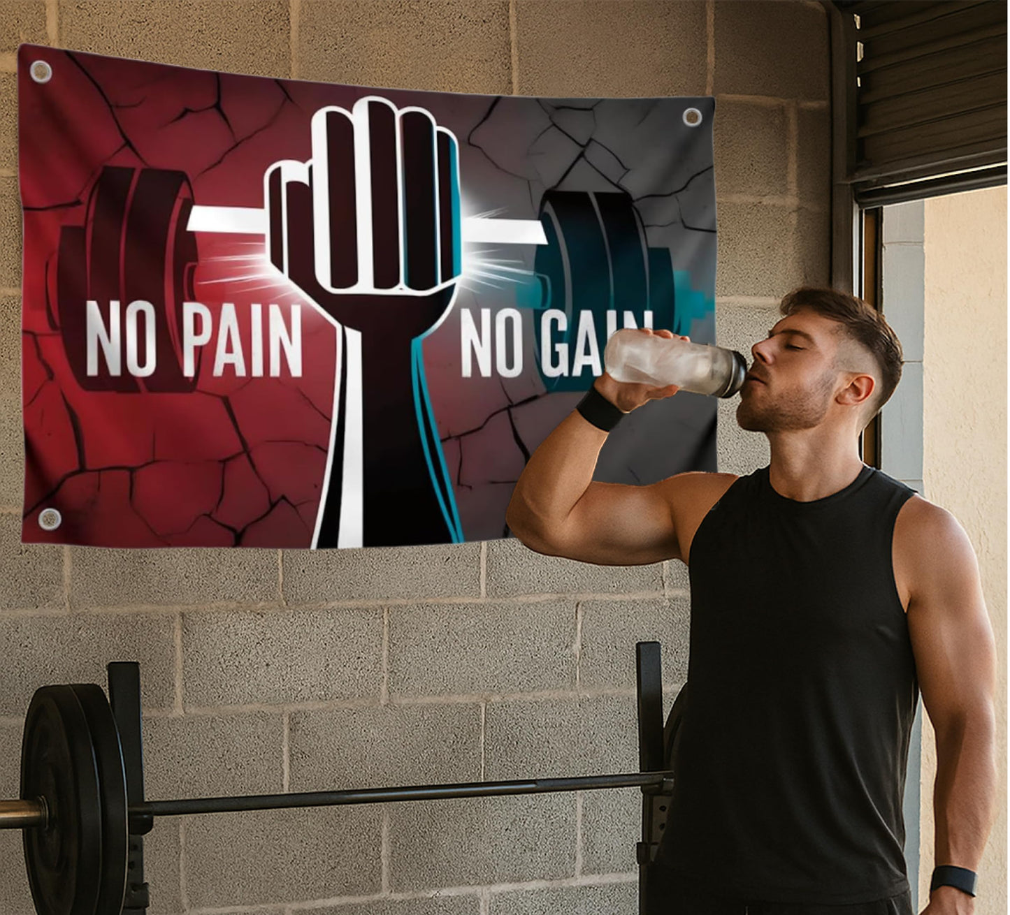 3x5 Ft Motivation Gym Single Sided Flag with Quote "No Pain No Gain" with 4 Brass Grommets - Inspire Your Workout Polyester Banner