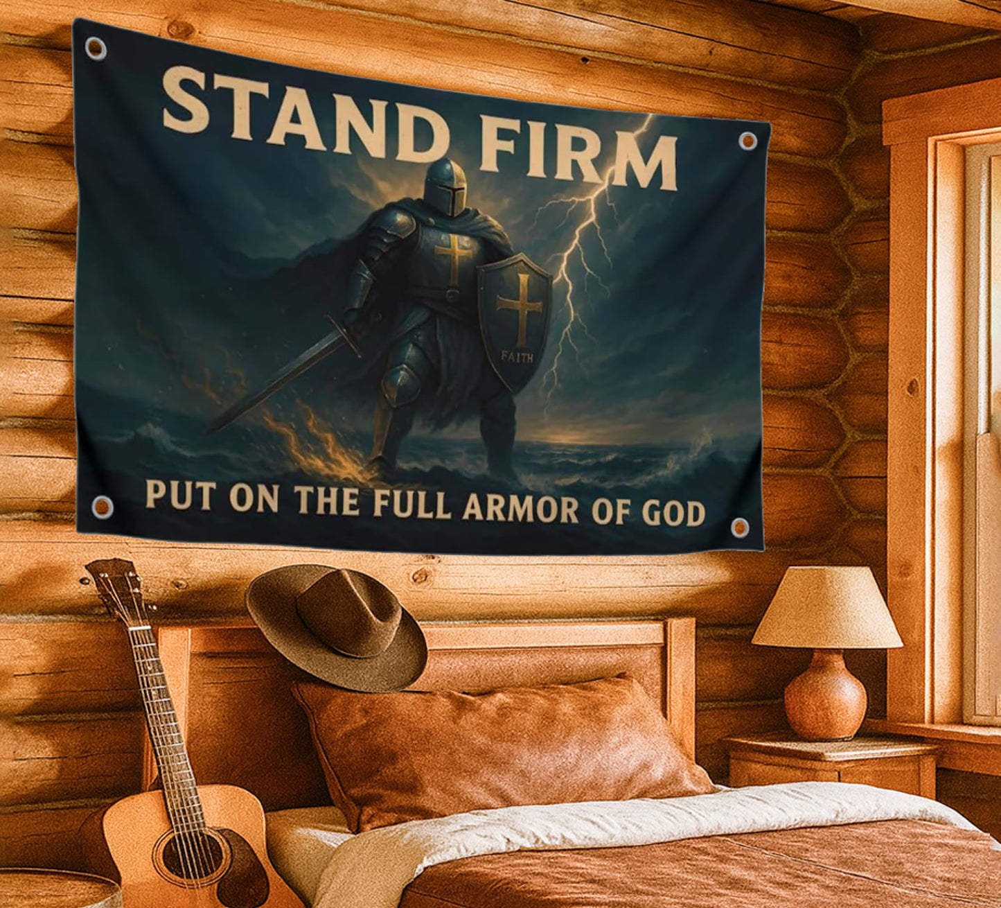 3x5 Feet Motivational Christian Flag Image Knight with Quote "Stand Firm – Put On the Full Armor of God" with 4 Brass Grommets - Single Sided Flag
