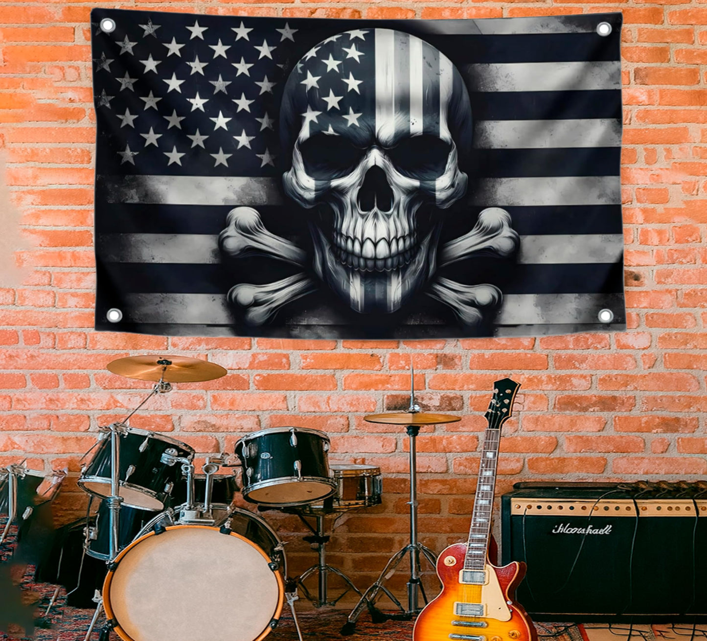 3x5 Feet Skull And Crossbones Polyester Flag with 4 Brass Grommets - American Pirate Banner For Man Cave - Black and White Grey American Single Sided