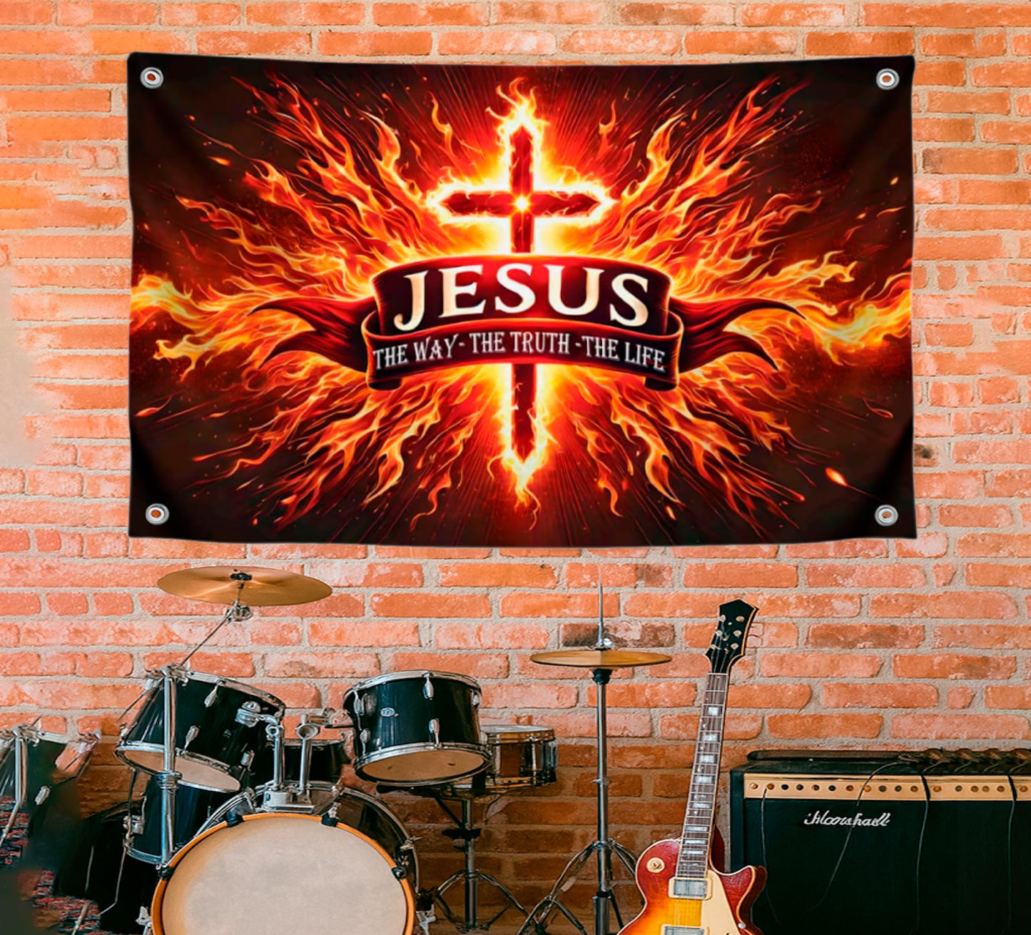 3x5 Feet Polyester Flag Cross in Fire "The Way Me Truth, The Life" with 4 Brass Grommets - Decorations God Banner for Room. American Flags for Outside