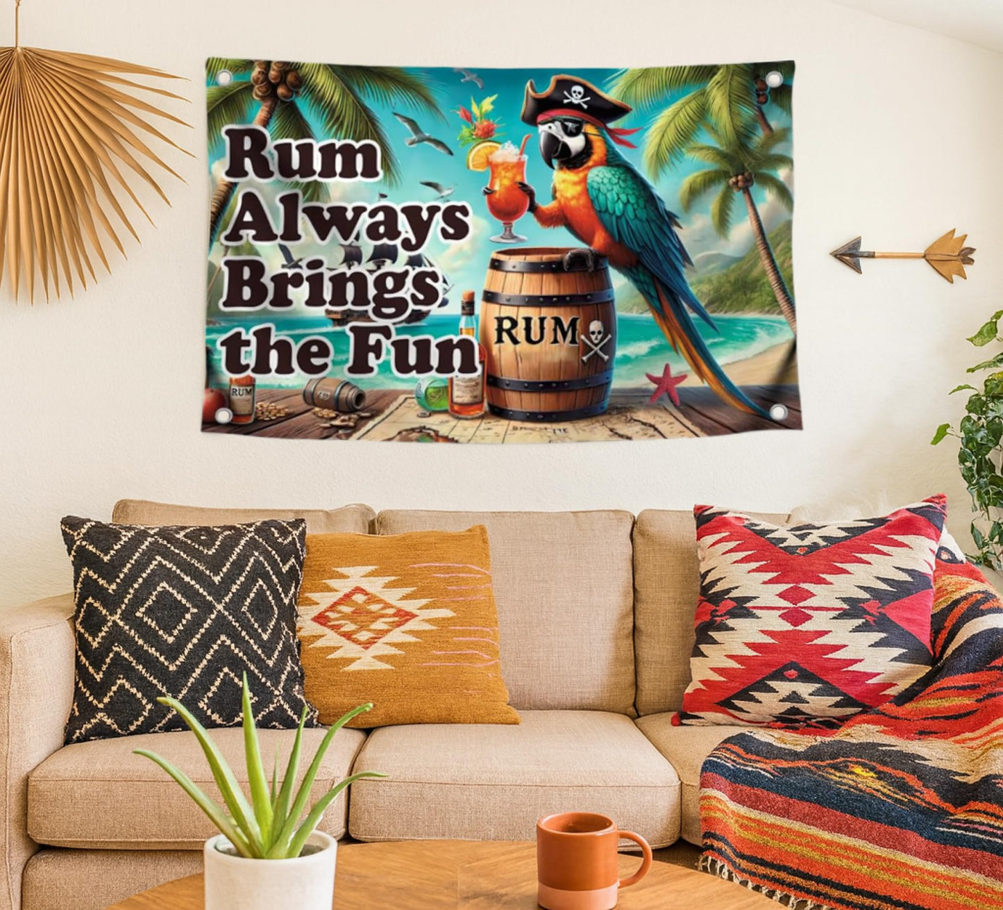 3x5 Feet Flag with 4 Brass Grommets - Tropical Pirate Parrot Flag - "Rum Always Brings Fun" Quote Design - Outdoor Banner for Summer