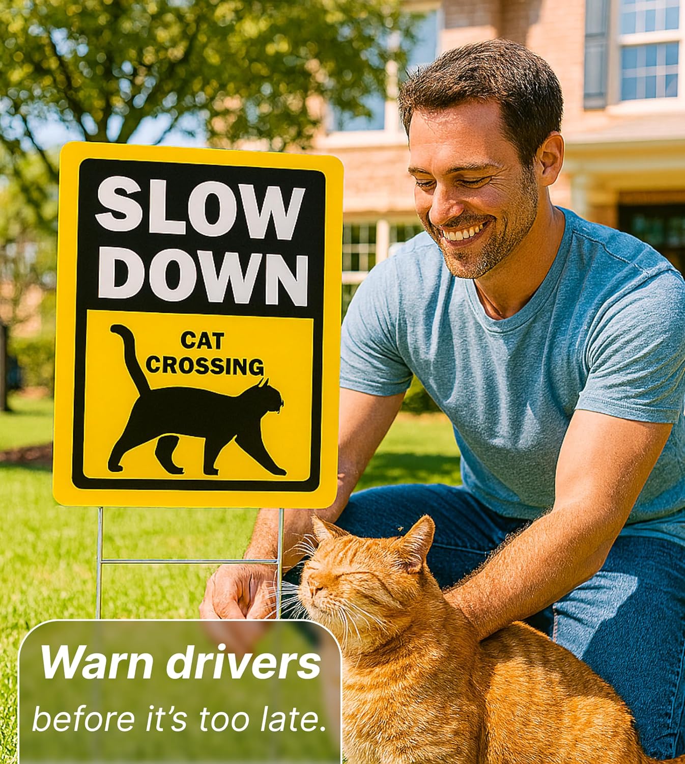 Set of 3 Double Sided 12x16 Inches Slow Down Cat Crossing Sign with Metal Wire H-Stakes