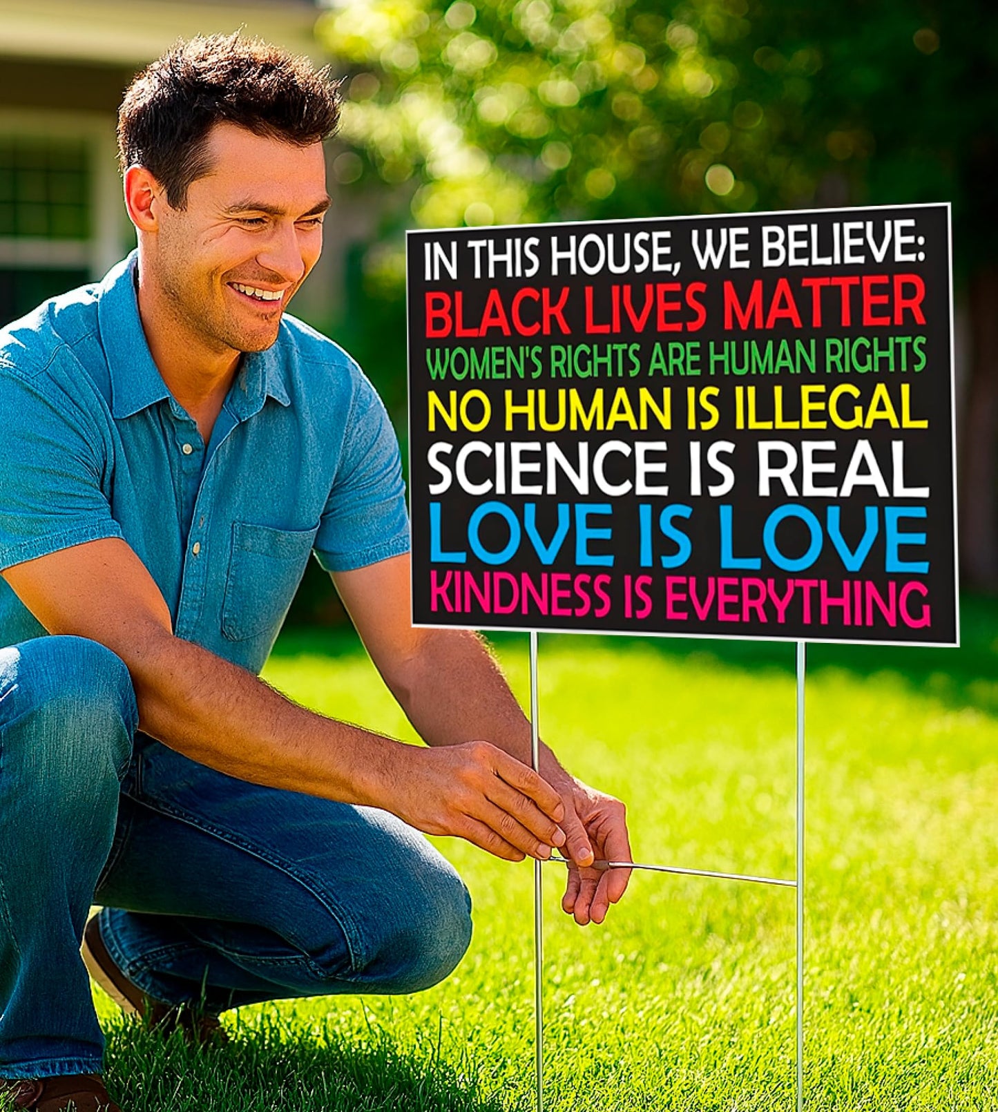 Black Lives Matter Yard Sign Double sided 12" x 18" inches with H Metal Stake - In This House We Believe Yard Sign for Home Décor