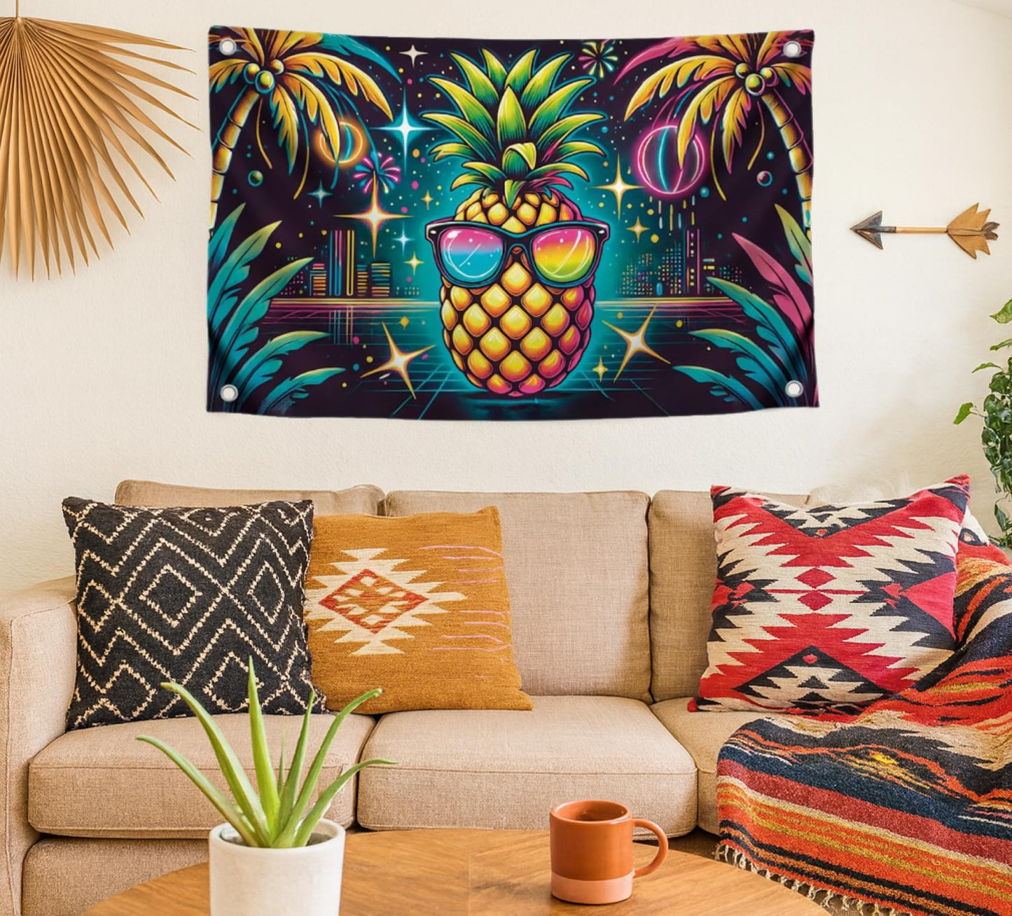 3x5 Feet Single Sided Flag with Four Brass Grommets - Neon Pineapple with Sunglasses - Tropical Night City Polyester Banner - Party Flag