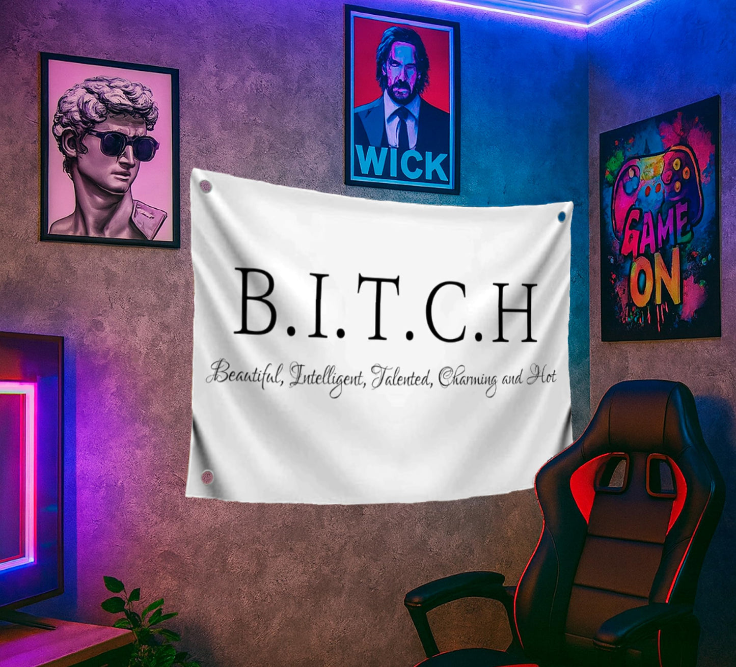 3x5 Ft Single Sided Tapestry B.I.T.C.H Polyester Flags with 4 Grommets - Banner on Beautiful Intelligent Talented Charming and Hot Wall Decor
