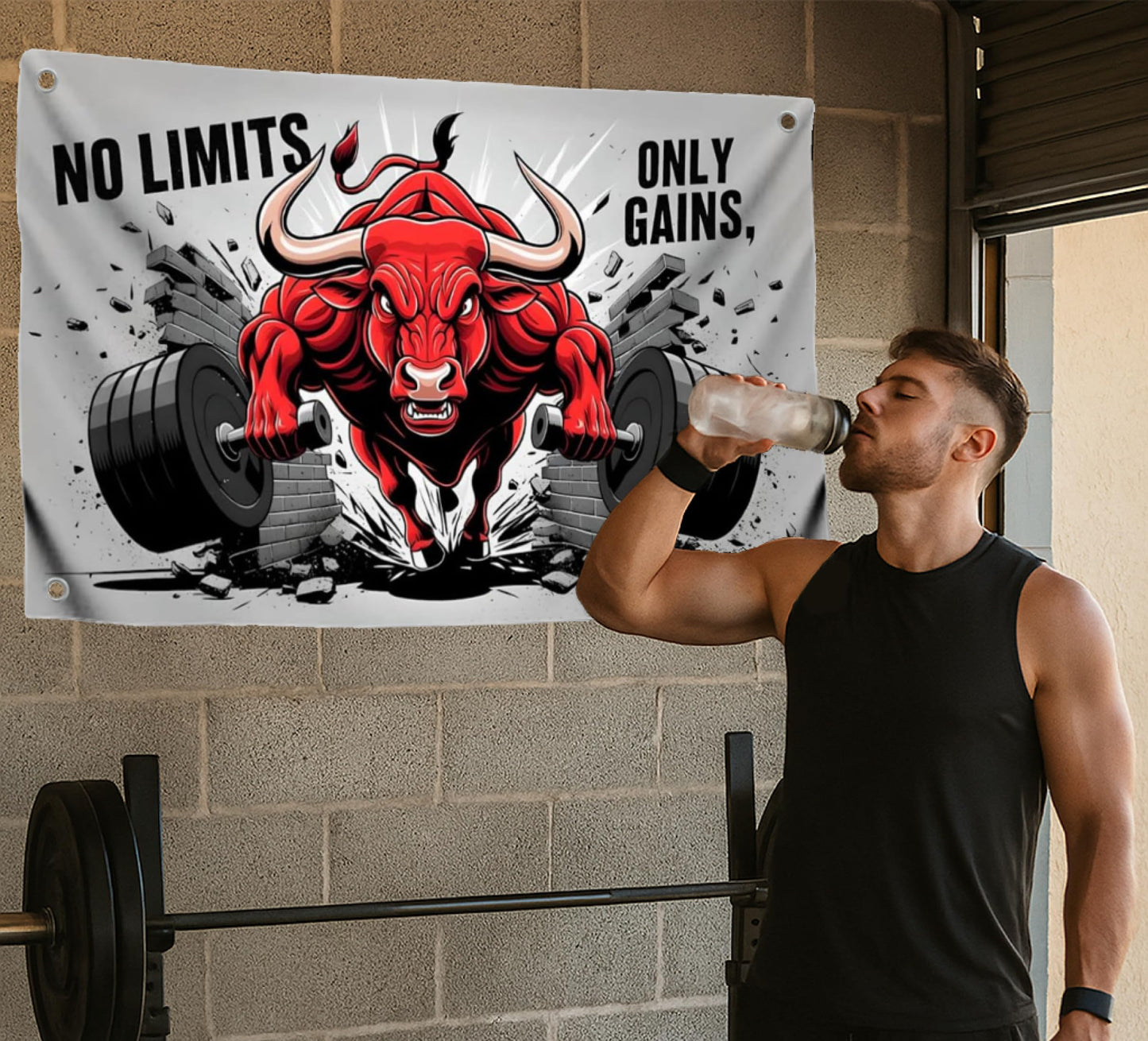 3x5 Feet Red Bull Motivation Flag "No Limits, Only Gains" with Four Brass Grommets. Polyester Animals Yard Outdoor or Indoor Banner.Bull Inspirational