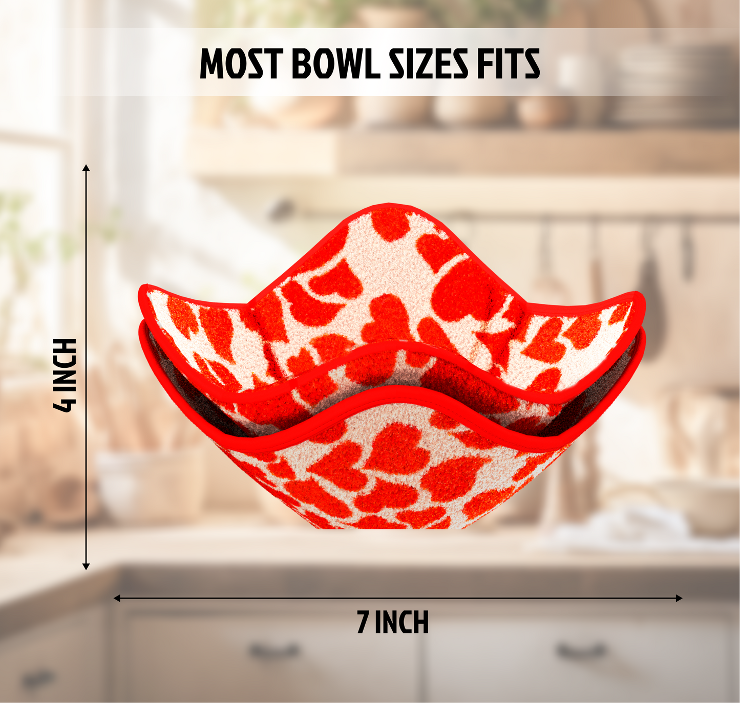 Set of 2 Microwave Bowl 4x7x7 Inch Polyester Cloth Hot Pads with Red Heart Print