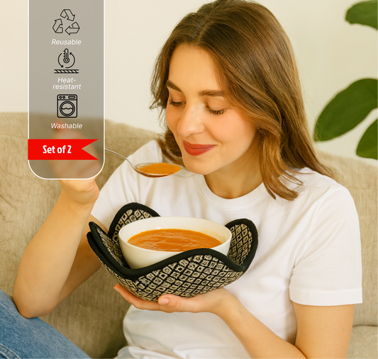 Set of 2 Microwave Bowl 4x7x7 Inch Polyester Cloth Hot Pads with Black and White Color