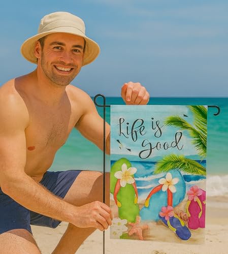Double Sided Summer Garden Flag - Flip Flops on Summer Beach Life is good - Outside Garden Yard Decorations - Outdoor Decorative Banners for Yard
