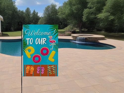 Double Sided Summer Garden Flag - Welcome to Our Pool Banners - Seasonal Large Outdoor Yard Flags of Burlap - Outside Decorative Banners for Yard