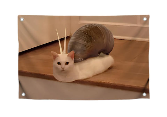 3x5 Ft Cat with Snail Shell Meme Flag - Single Sided Funny Wall Banner Tapestry with Four Brass Grommets - Cool Polyester Dorm Poster for Boys