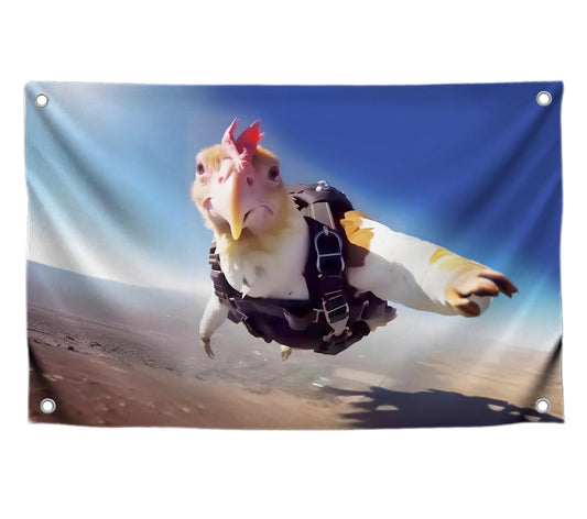 3x5 Feet Funny Polyester Flag with Flying Chicken with Four Brass Grommets - Meme Banner One Chicken Learned to Fly - Flag Who Says Chickens Can't