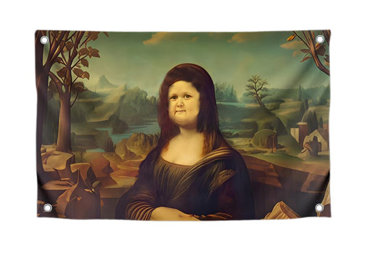 3x5 Ft Polyester Flag with 4 Brass Grommets - Mona Lisa Parody with Round Face - Art Meme Flags - Funny Decoration Poster for Home
