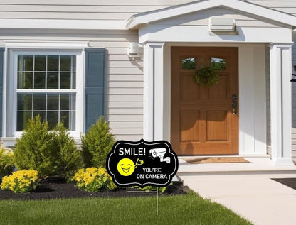 Set of 3 Smile Your on Camera Signs with Wire H-Stakes - 8x12 Inch Video Surveillance Sign Outdoor - Surveillance Black Signs Smile at the Camera