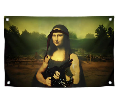 3x5 Feet Tapestry Flag Mona Lisa with a Machine Gun with Four Brass Grommets - Cool Flags for Decor Boys Room
