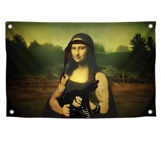 3x5 Feet Tapestry Flag Mona Lisa with a Machine Gun with Four Brass Grommets - Cool Flags for Decor Boys Room