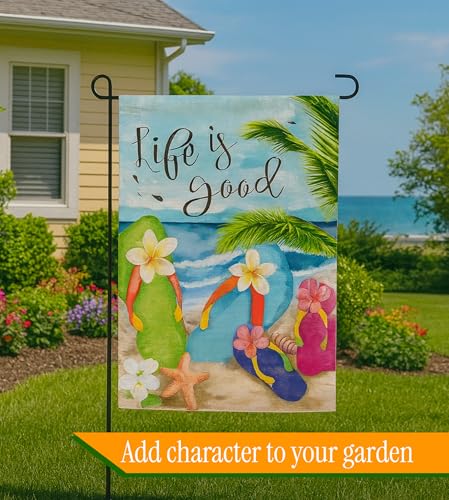 Double Sided Summer Garden Flag - Flip Flops on Summer Beach Life is good - Outside Garden Yard Decorations - Outdoor Decorative Banners for Yard