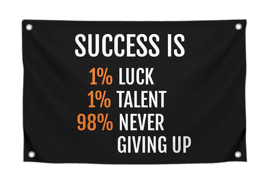 3x5 Feet Motivation Single Sided Flags with Quote "Success Is 1% Luck, 1% Talent, 98% Never Giving Up" with 4 Brass Grommets - Inspirational Wall