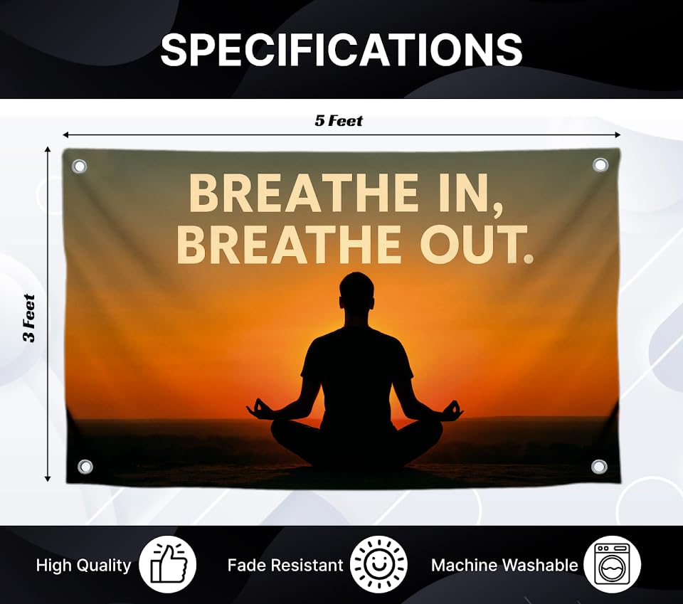 3x5 Feet Polyester Meditation Flag with Quote "Breathe In, Breathe Out" with Four Brass Grommets - Motivation Tapestries Banner for Bedroom
