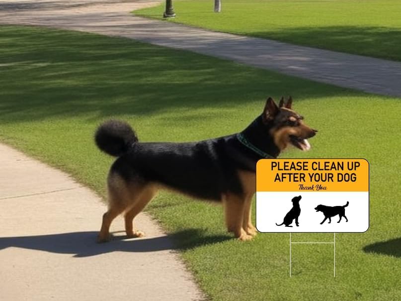 Set of 3 Please Clean Up After Your Dog Yellow Sign with Metal Wire H-Stakes - 12х8 inch No Poop Dogs for Yard or Poop Pick Up Signs for Lawn
