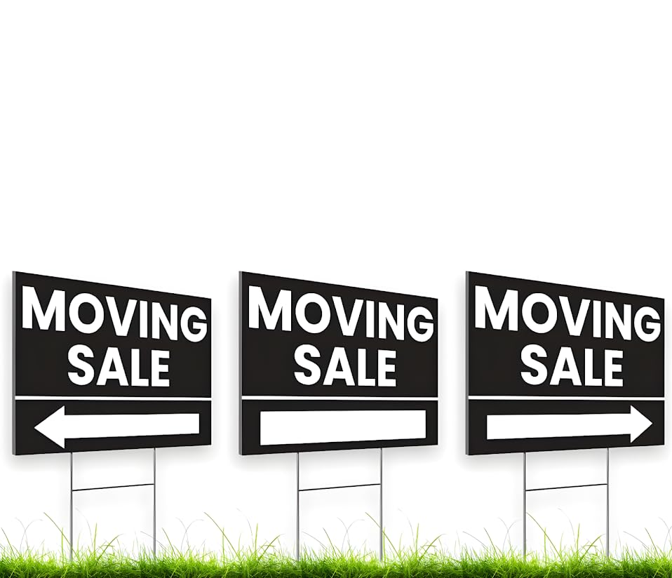 Set of 3 Double Sided 12x8 Inches Plastic Black Moving Sale Signs with Metal H-Stakes - Moving Sale Sign for Real Estate Agents