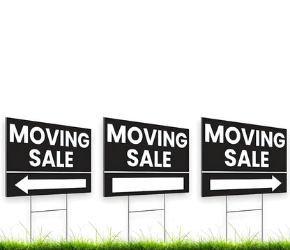 Set of 3 Double Sided 12x8 Inches Plastic Black Moving Sale Signs with Metal H-Stakes - Moving Sale Sign for Real Estate Agents