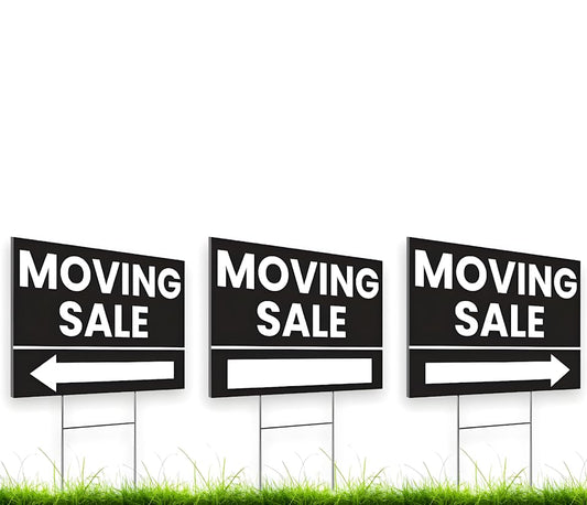 Set of 3 Double Sided 12x8 Inches Plastic Black Moving Sale Signs with Metal H-Stakes - Moving Sale Sign for Real Estate Agents